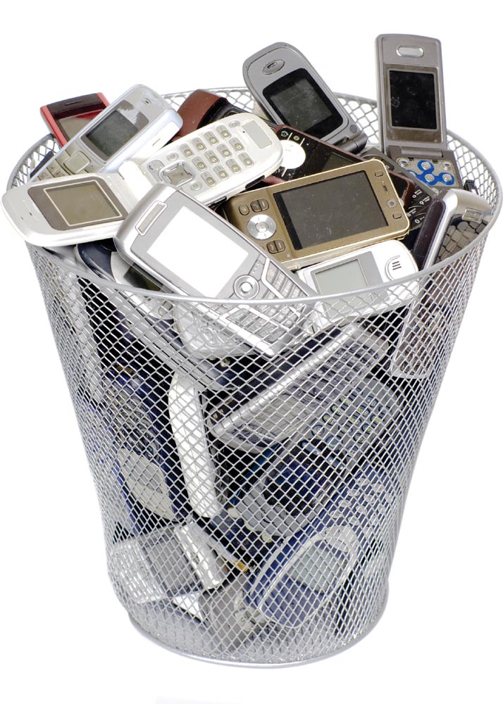 Cell phones in a trash can