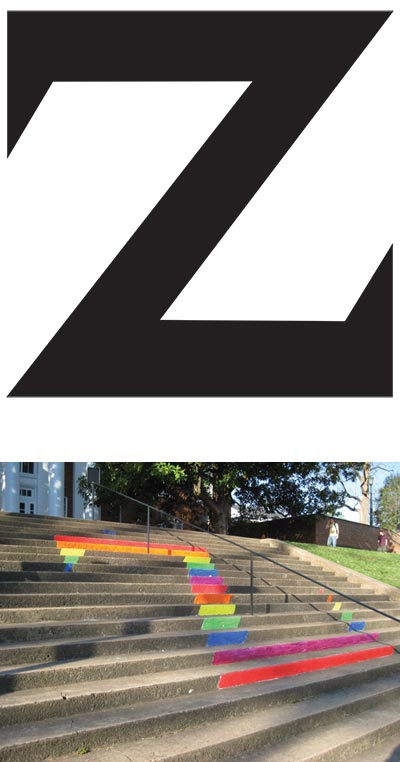 A stylized letter 'Z' and a photo of a rainbow-colored Z painted on steps