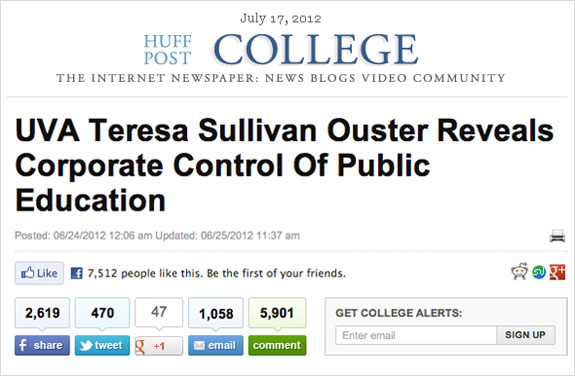 View the Huffington Post story titled 'UVA Teresa Sullivan Ouster Reveals Corporate Control Of Public Education'