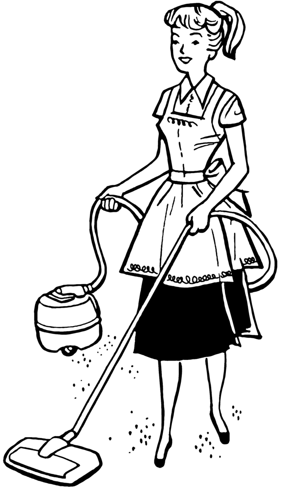 Line drawing of a woman vacuuming