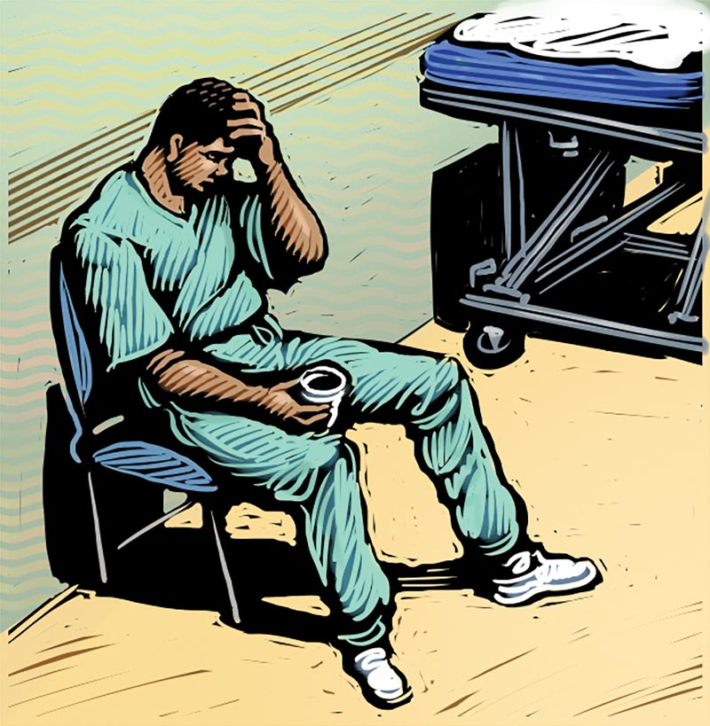 Illustration of a tired medical resident taking a break