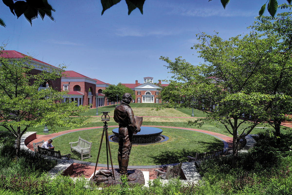 A statue of Thomas Jefferson looks out upon the Darden School of Business campus, built in 1992.