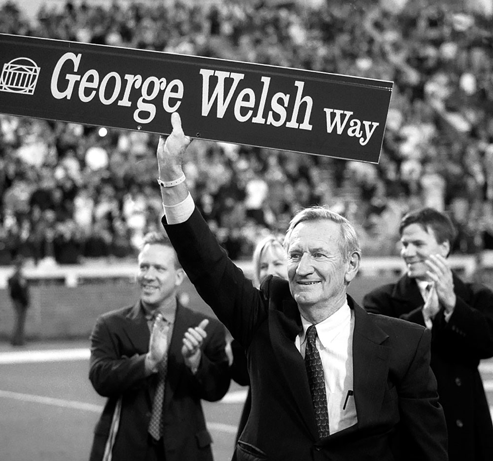 George Welsh celebrates the street named after him in 2001, the year after he retired