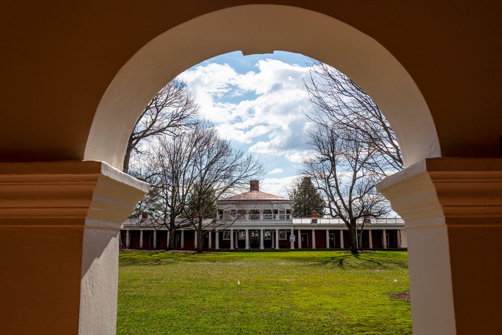 Looking out through the colonnade in front of Pavilion VIII
