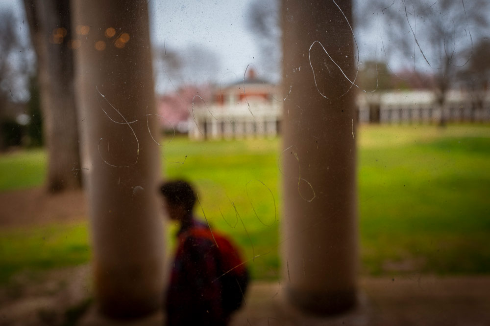 Carved name of John Lile, son of Professor William Lile, in a window of Pavilion X