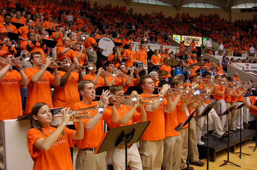 Members of the Cavalier Marching Band’s HOOps Band playing at U-Hall