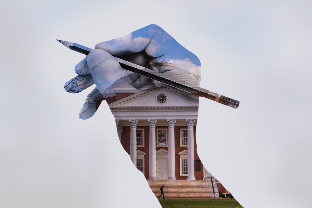 A photoillustration of a hand writing and the UVA Rotunda
