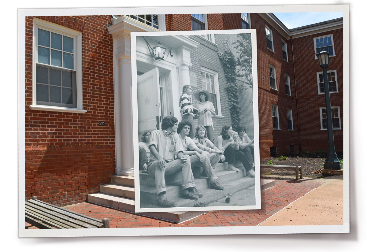 Students sit on the steps of Metcalf dorm in a 1977 photo overlaid on top of a current photo