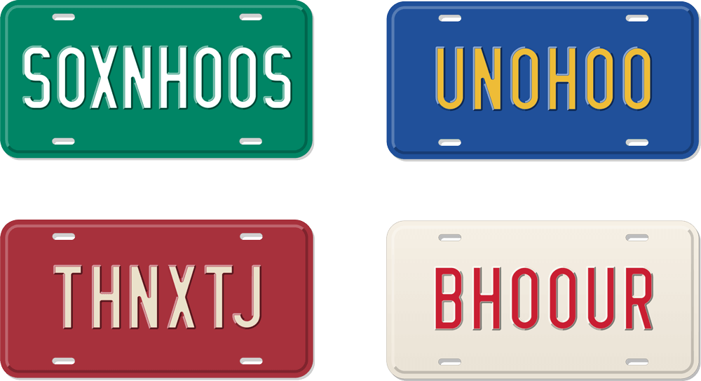 Four license plates:  S0XNH00S, UN0H00, THNXTJ, and BH00UR