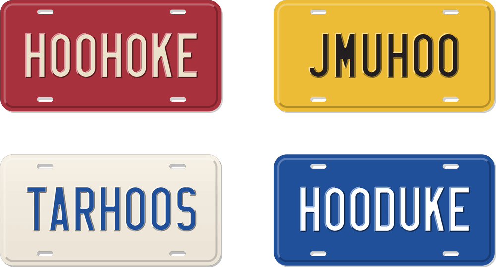 Four license plates:  H00H0KE, TARH00S, H00DUKE, and JMUH00