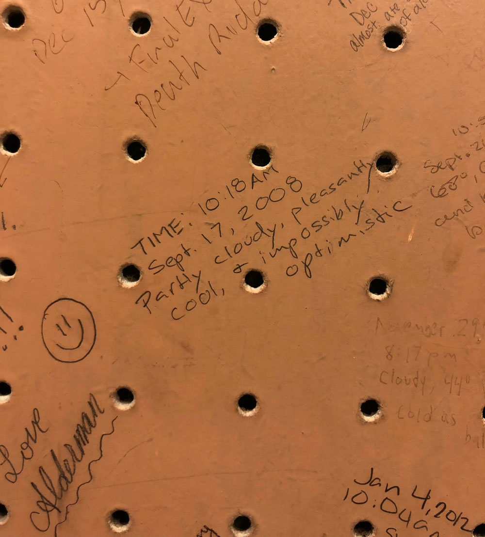 Graffiti from an Alderman study carrel. From September 17, 2008: partly cloudy, pleasantly cool + impossibly optimistic