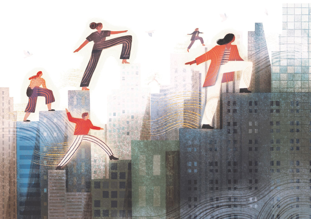 Illustration of people walking over buildings, symbolizing mobility through an urban environment