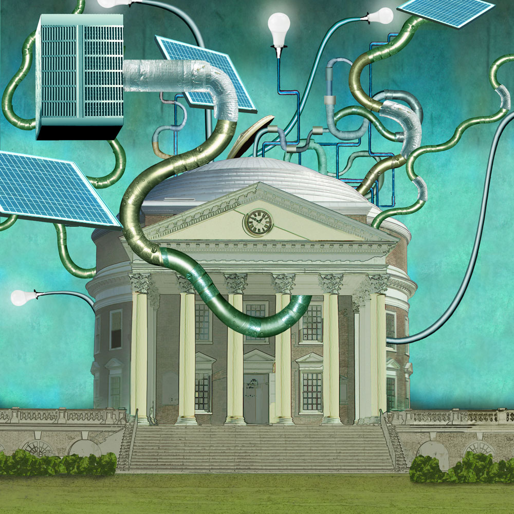 Illustration of the Rotunda with solar panels, LED lights, and other elements related to sustainability