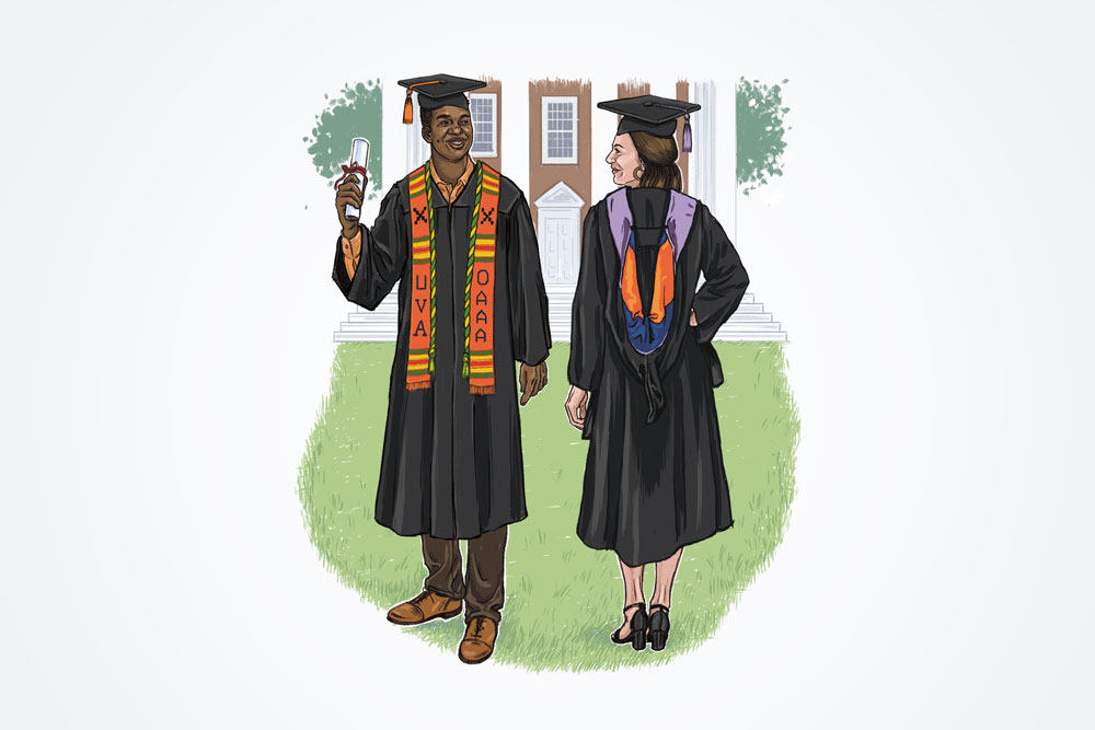 One graduate wearing a Bachelor's gown with a kente cloth stole, and another wearing a Master's gown and hood