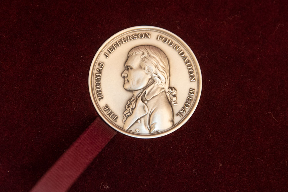 Close-up of a medal with Thomas Jefferson in profile and the words 'The Thomas Jefferson Foundation Medal' around the edge