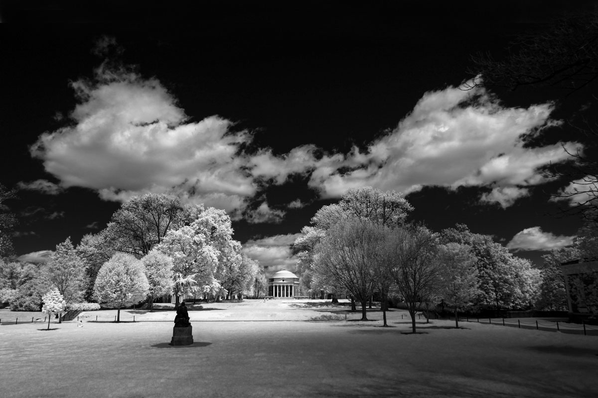 Infrared photo of the Lawn looking north towards the Rotunda, with the Homer statue in the foreground