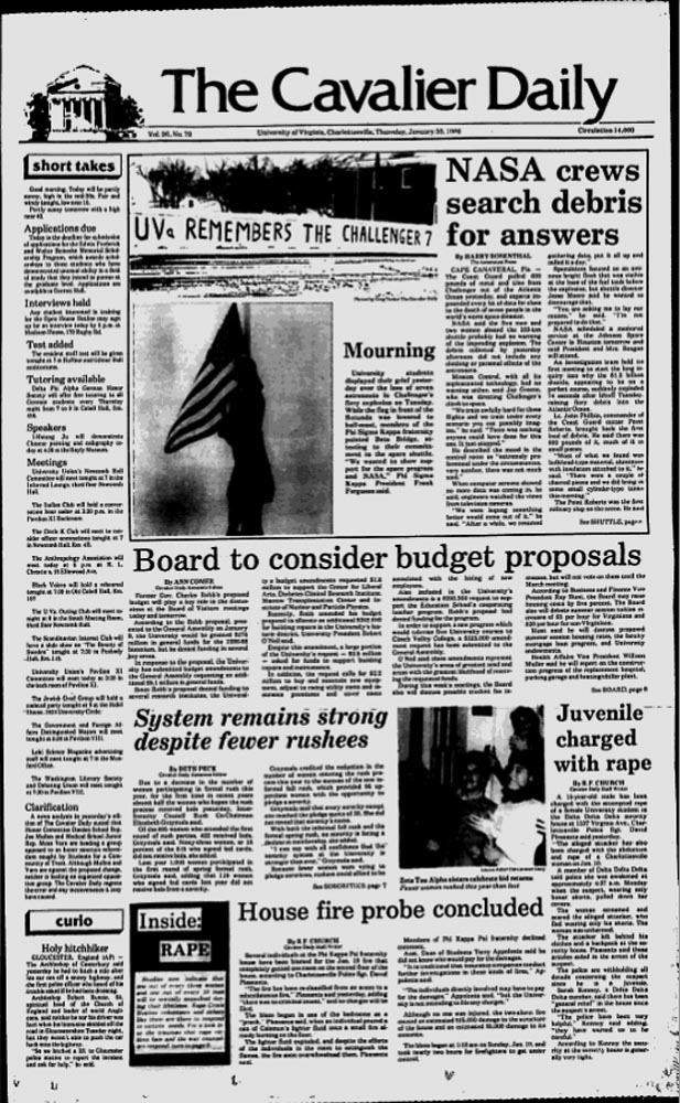 Cover of The Cavalier Daily, featuring a photo of Beta Bridge painted with the words 'UVa REMEMBERS THE CHALLENGER 7'