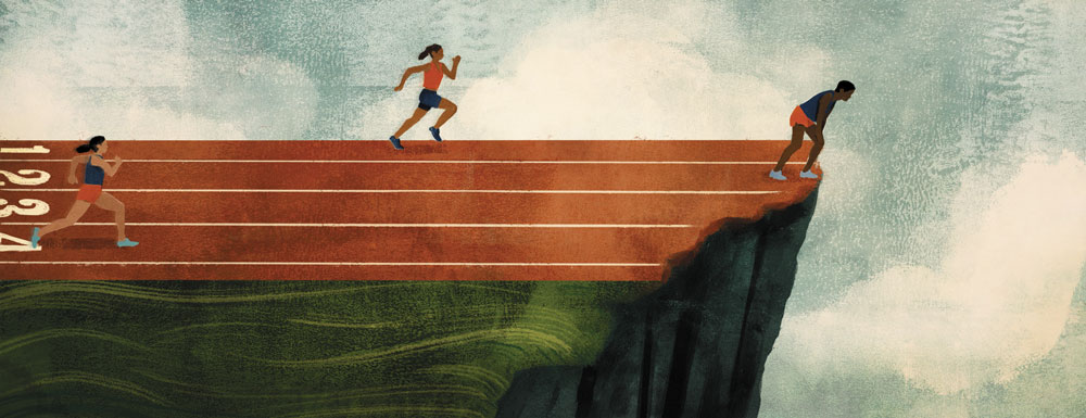 Track athletes running towards an abrupt cliff with one runner peering over the edge