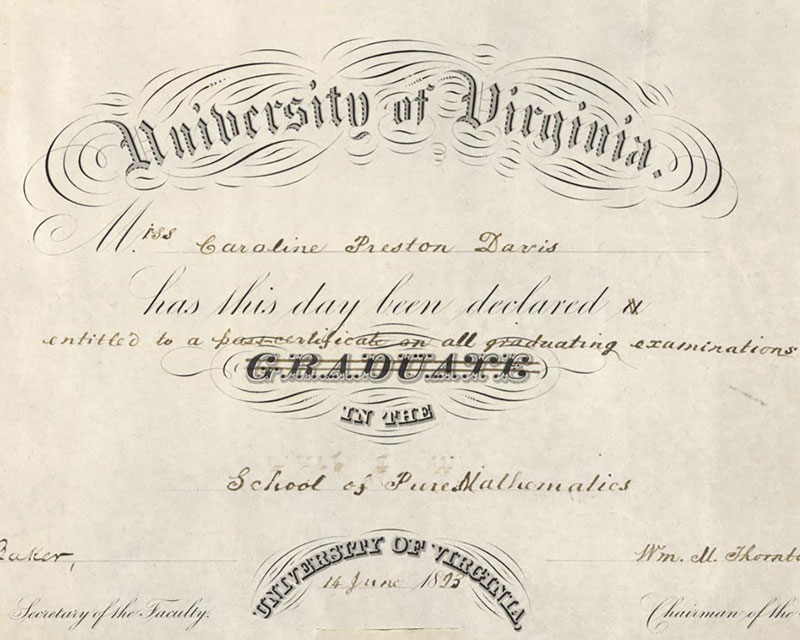 Caroline Preston Davis's certificate declaring she had passed her examinations in the School of Pure Mathematics