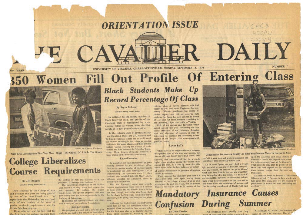 Front page of the Cavalier Daily from September 14, 1970, with the headline '350 Women Fill Out Profile Of Entering Class'