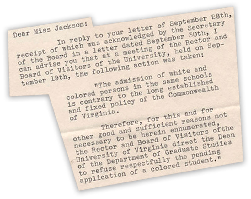 Letter informing Alice Jackson of the University's decision to refuse her application for admission.