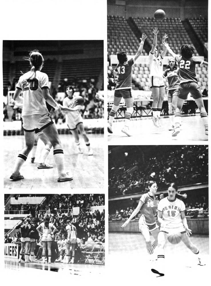Page from Corks & Curls with four photos of women playing basketball 