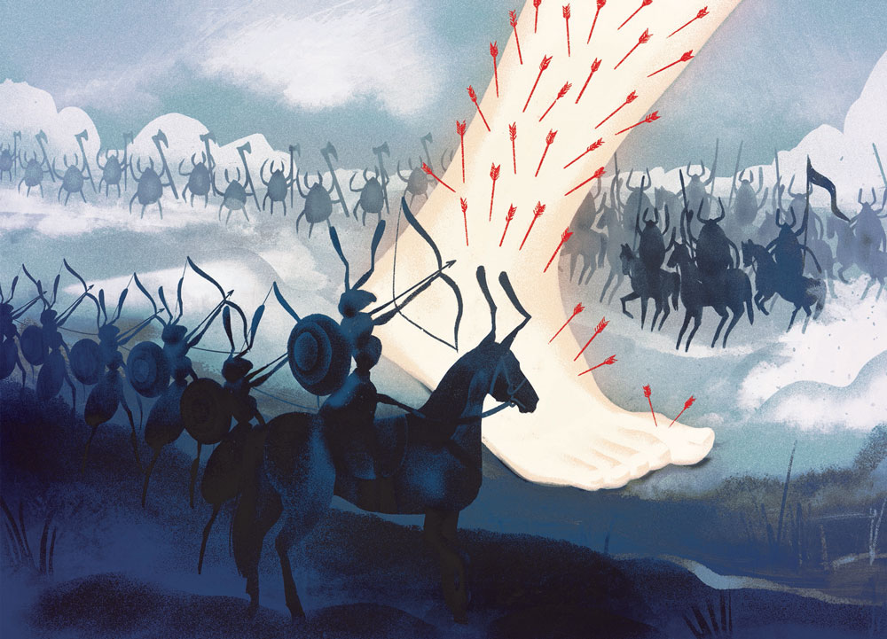 Illustration of ants and ticks imagined as fighting a battle with bows, spears, and axes with a human caught in the crossfire