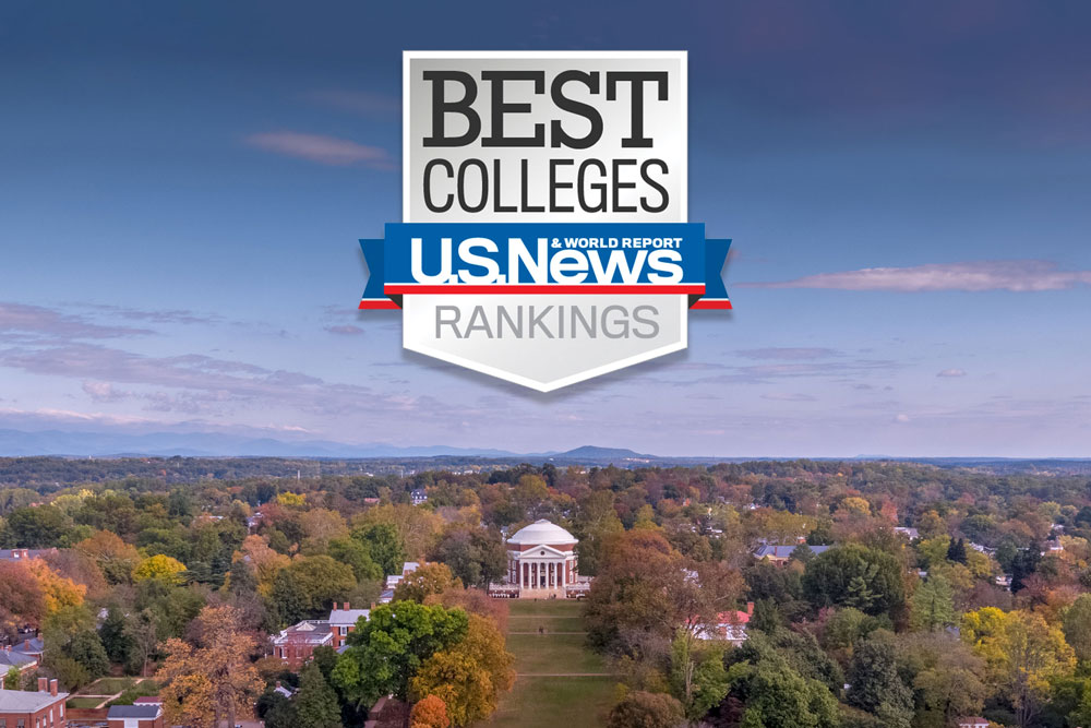 Aerial view of the Lawn and Rotunda with the U.S. News Best Colleges logo above