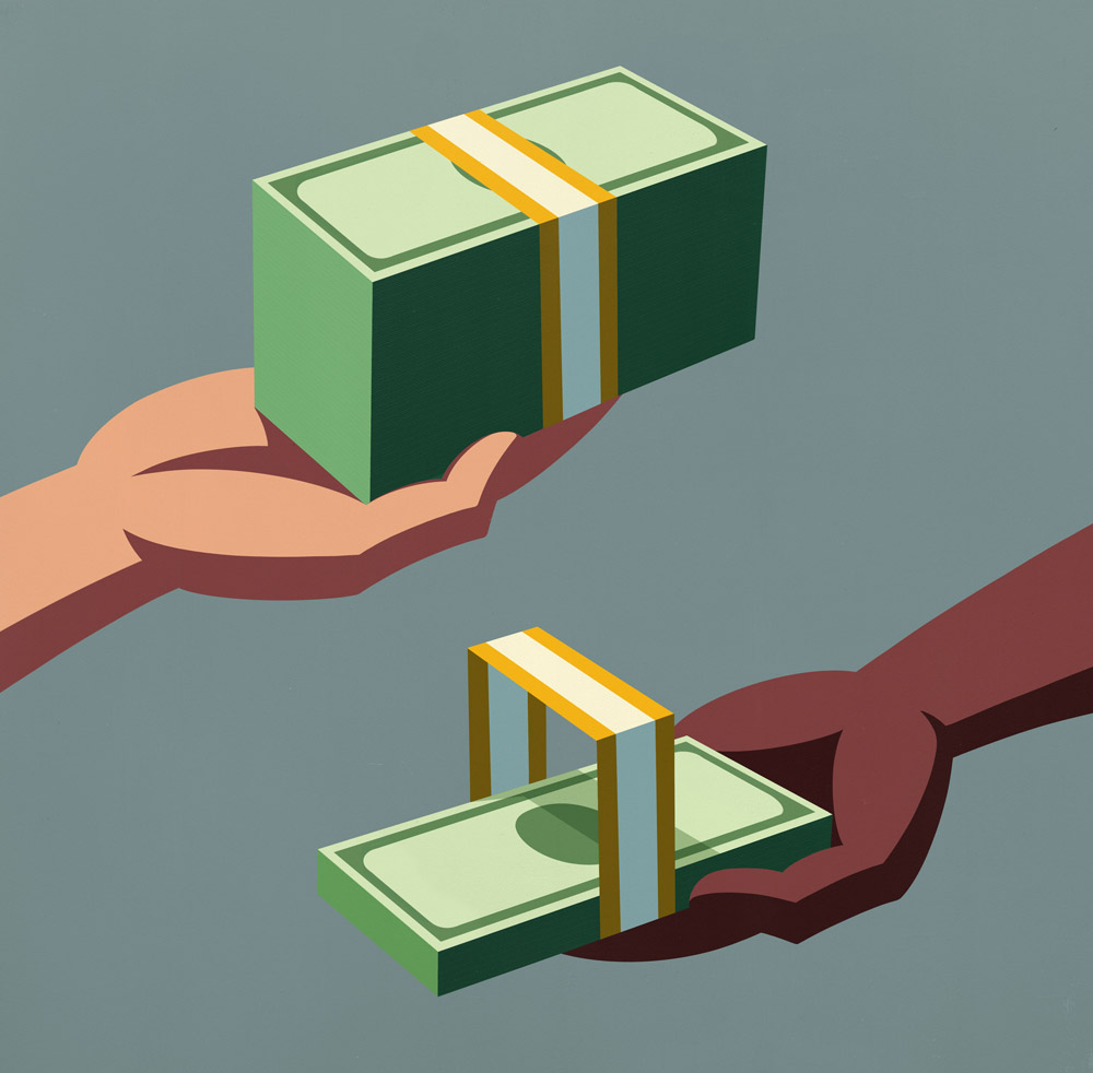 A white hand holding a stack of bills, and a black hand holding a smaller stack of bills