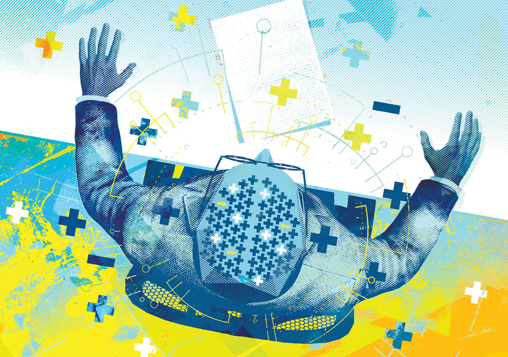 Illustration imagining a person's head containing more plus than minus signs, symbolizing how we default to additive changes.