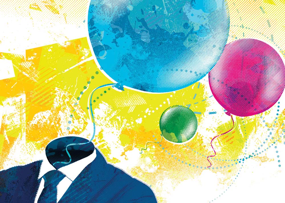 Illustration of balloons floating away from a person's body, symbolizing wandering minds.