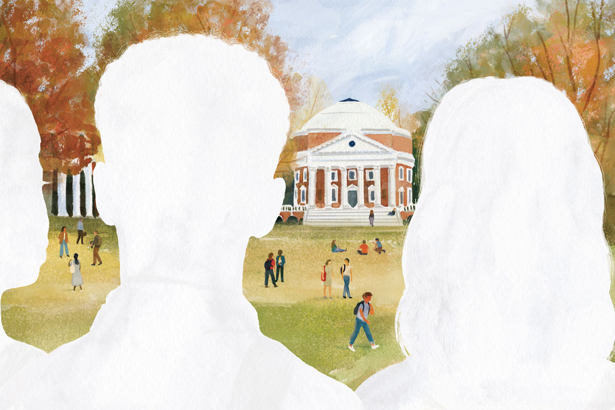 Illustration of silhouetted students looking at the Rotunda from the Lawn