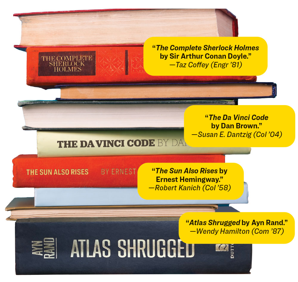 The Complete Sherlock Holmes, The Da Vinci Code, The Sun Also Rises, and Atlas Shrugged were all mentioned by alumni.