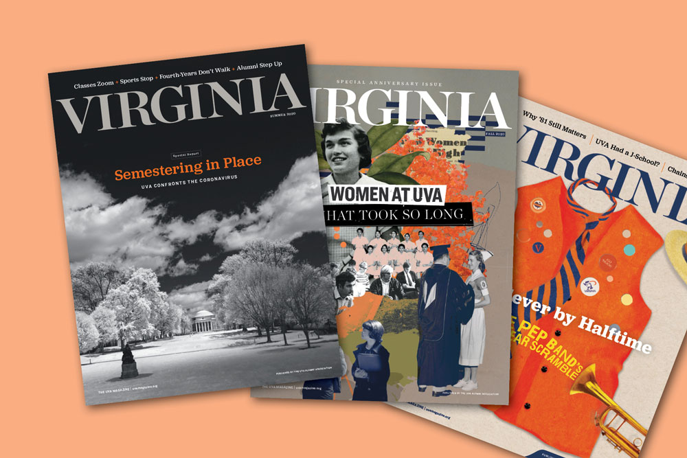 From left, the covers of Virginia Magazine issues from Summer 2020, Fall 2020, and Spring 2021