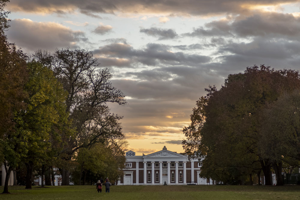Old Cabell Hall as seen from the Lawn at dusk