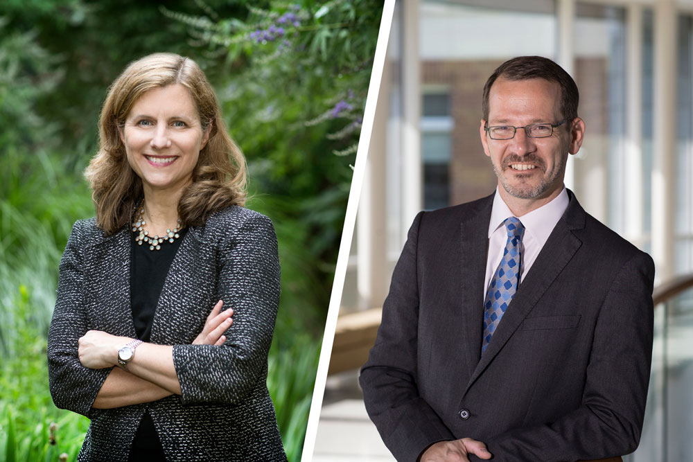 Outgoing provost Liz Magill (left) and her successor Ian Baucom