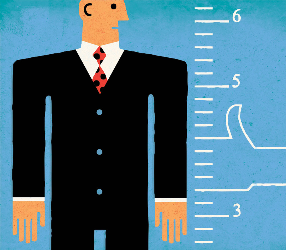 Illustration of a man standing next to a height chart