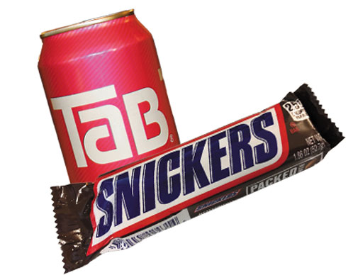 A can of Tab soda and a Snickers bar