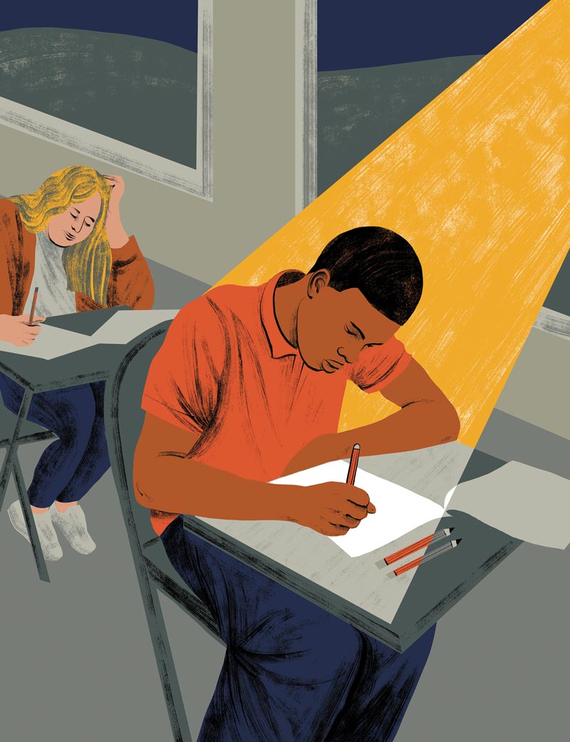 Illustration of students taking a test, with a spotlight on a Black student