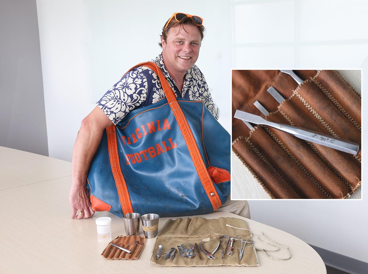 James Zehmer with the medical bag and tools that belonged to Dr. Frank McCue