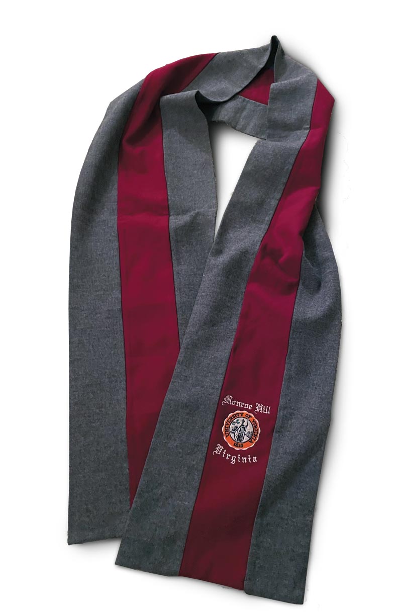 Gray-and-red striped scarf bearing the words 'Monroe Hill', the UVA Athena seal, and 'Virginia'