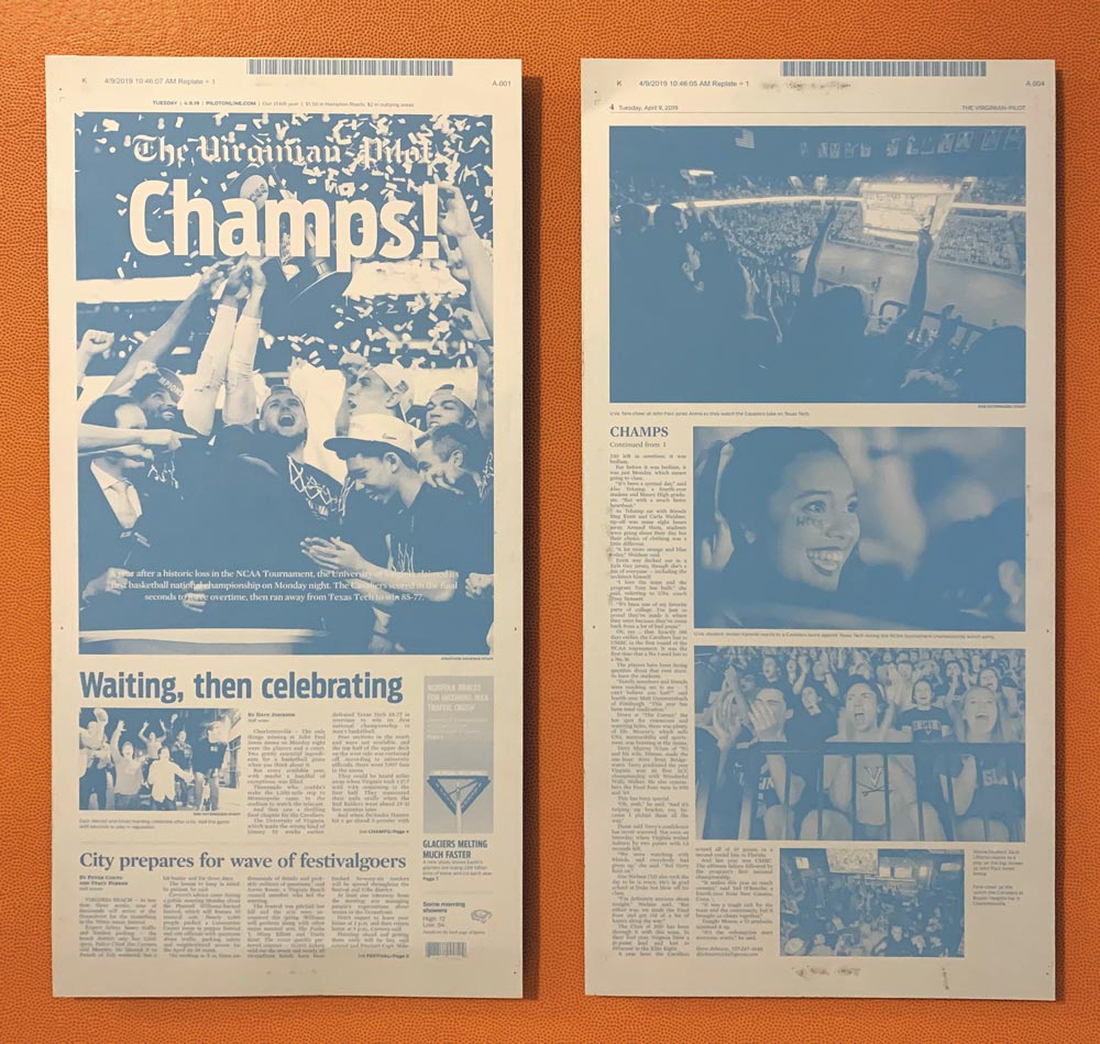 Printing plates from The Virginian-Pilot's coverage of UVA's 2019 men's basketball championship