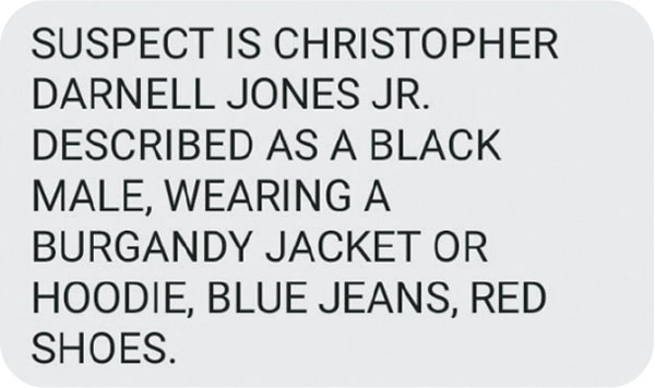 Screenshot of a message naming Jones as the suspect