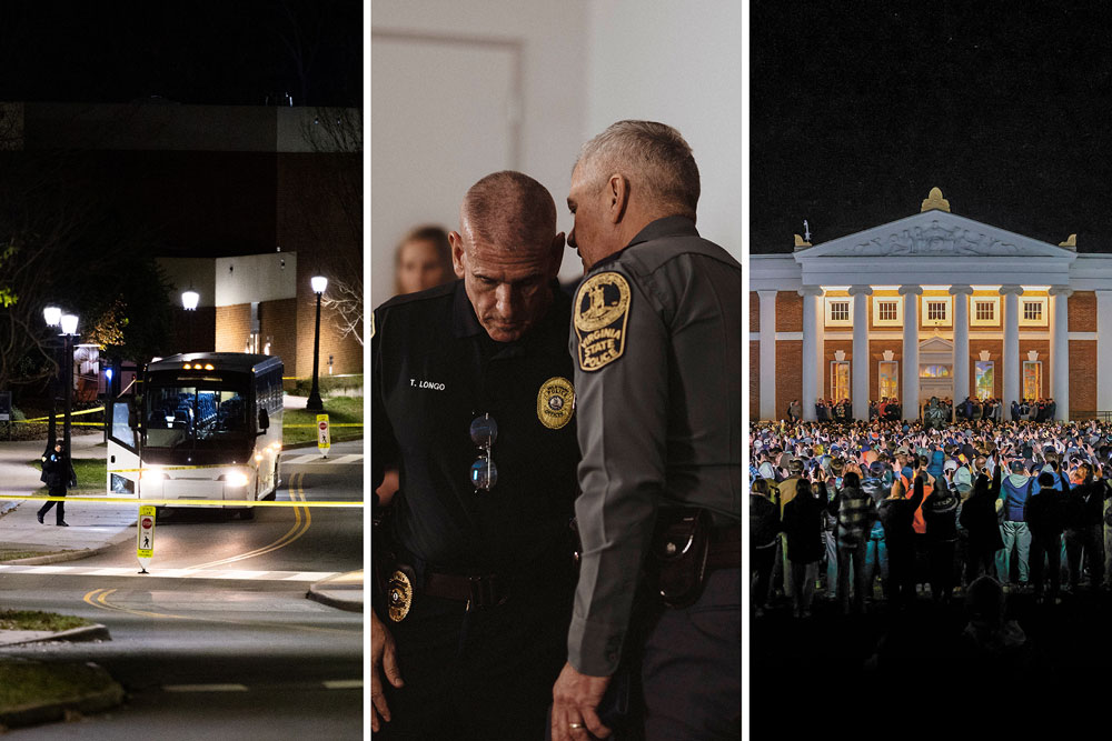 Triptych of the crime scene, chief Longo being informed of Jones capture, and the candlelit vigil
