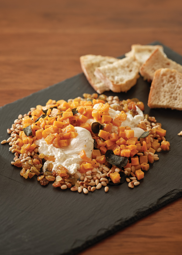 Burrata with Caramelized Squash, Pine Nuts and Golden Raisins