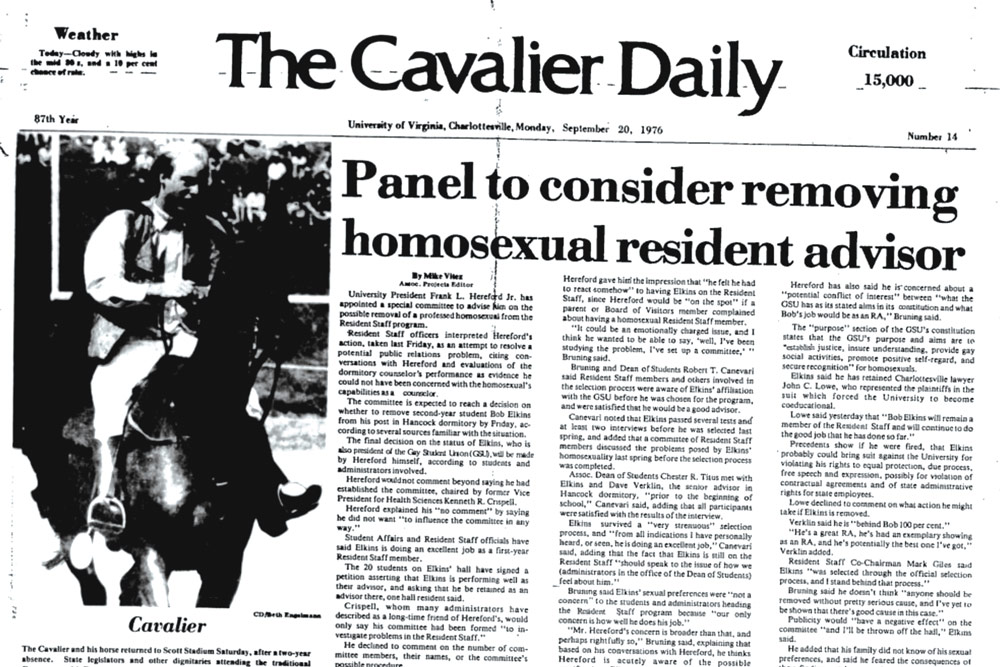 Cavalier Daily headline: Panel to consider removing homosexual resident advisor
