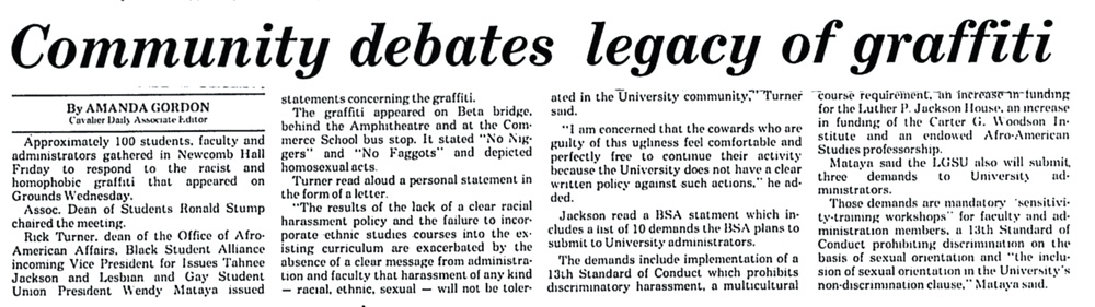Cavalier Daily headline: Community debates legacy of graffiti
