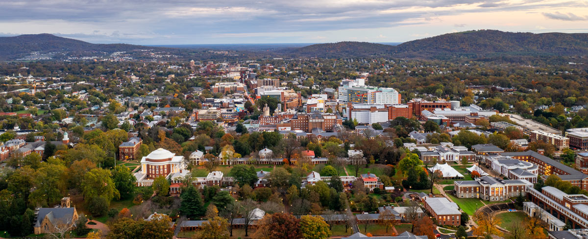 Aerial photo of UVA and Charlottesville
