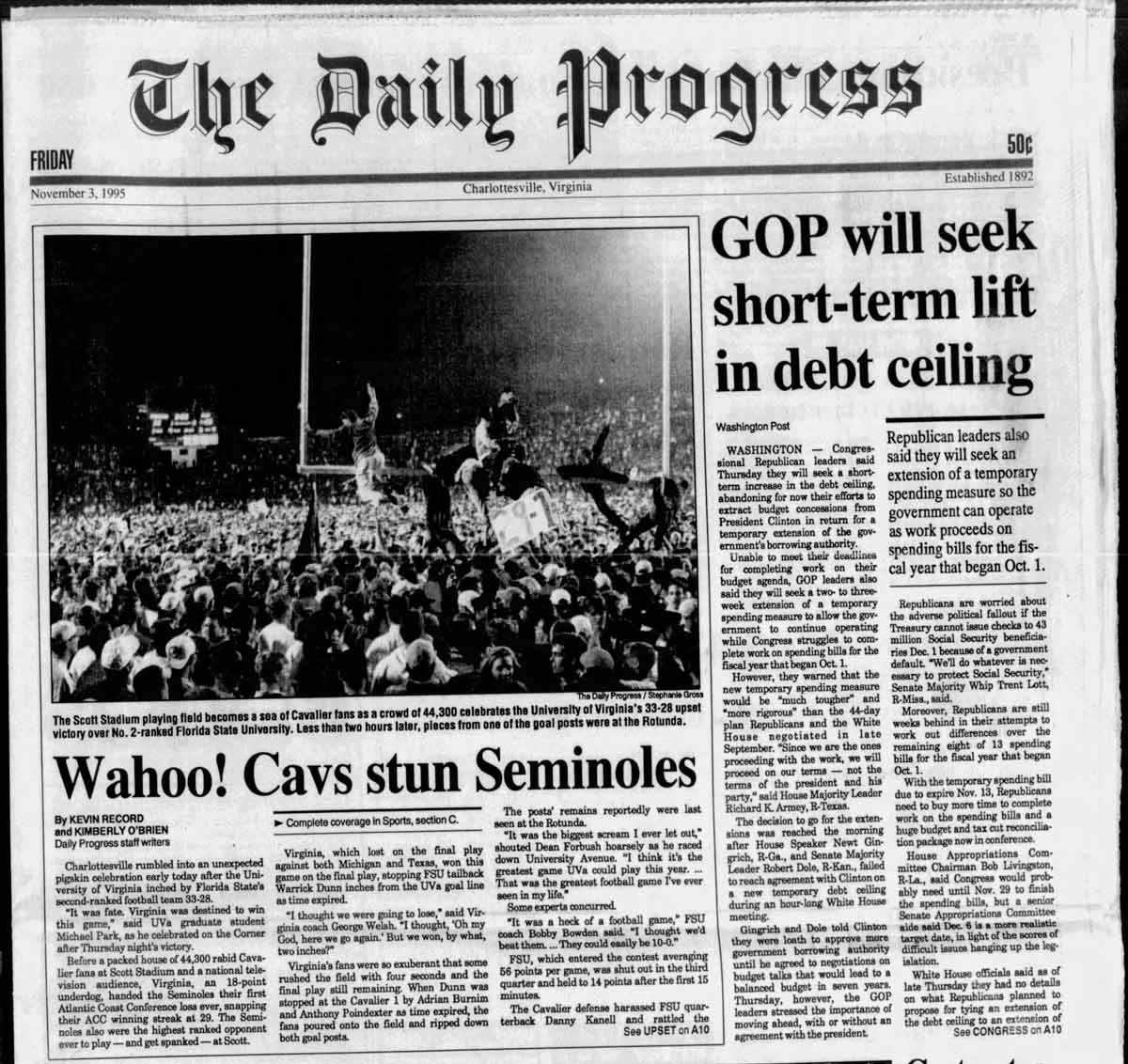 The Daily Progress headline read &ldquo;Wahoo! Cavs stun Seminoles&rdquo;