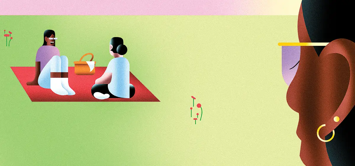 Illustration of woman viewing picnic